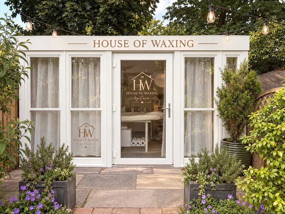 House of Waxing garden cabin entrance with the business name above its doors.