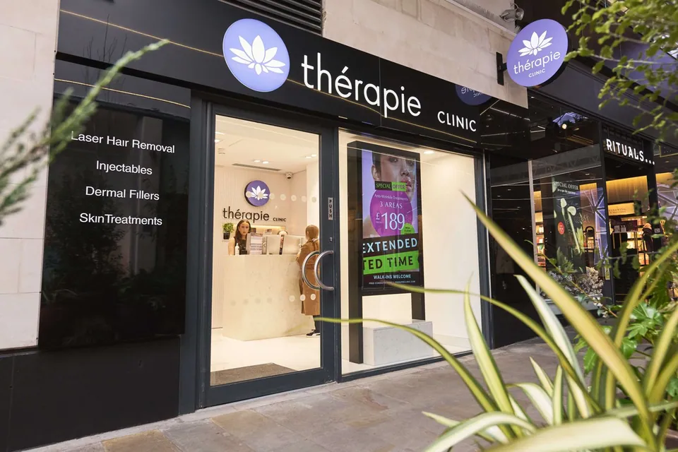 Thérapie Clinic Angel shopfront with its reception visible through the glass doors