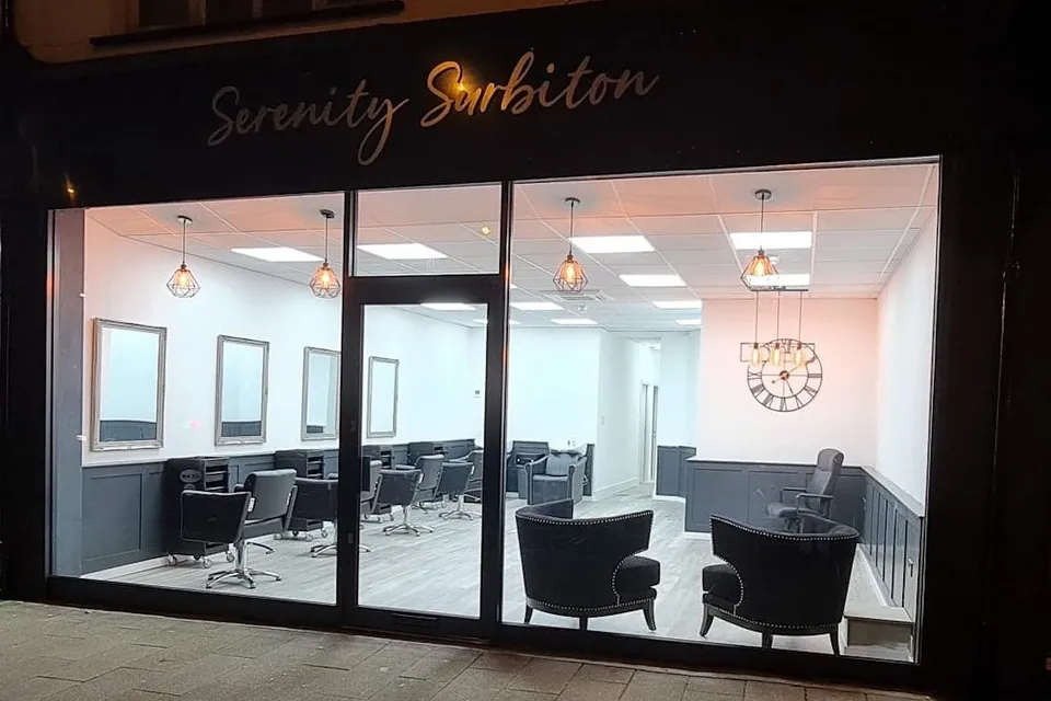 Serenity Surbiton glazed entrance with the salon visible inside