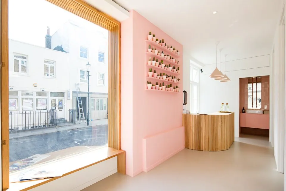 Reception with a pink cactus wall and street-facing window